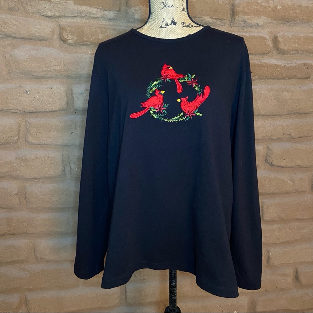 Cottage Street Long Sleeve Black Top - Appliqué, Embroidery, Beads - Size 1X